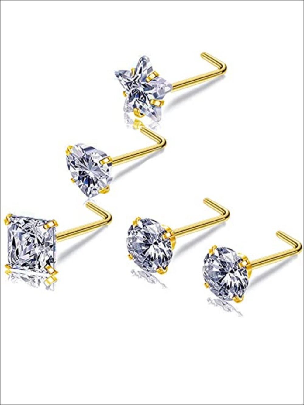 Titanium Steel L-Shaped Nose Studs Cubic Zirconia Set of 5